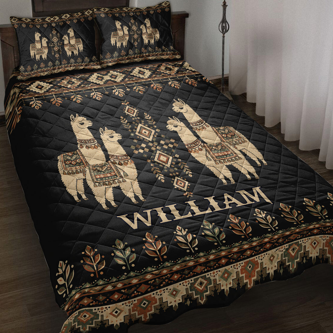 Black alpaca quilt blanket with geometric patterns, leafy borders, and decorative southwestern-inspired artwork
