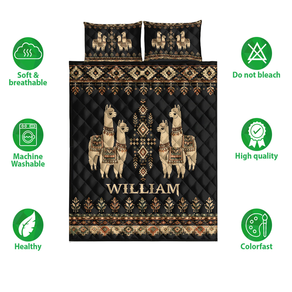 Alpaca quilt bedding set displayed with soft breathable and machine washable feature icons