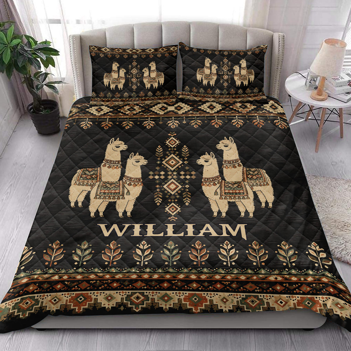 Alpaca quilt blanket styled on a bright bedroom with coordinating alpaca pillow designs