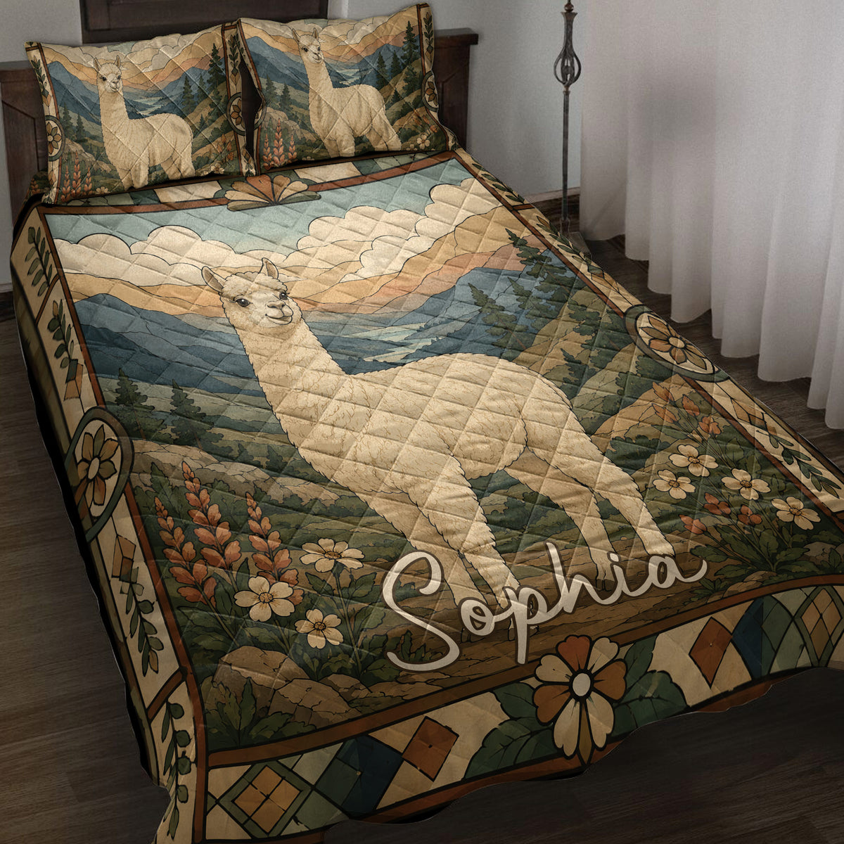 Alpaca quilt blanket displayed on a bed with mountain scenery, wildflowers, pine trees, and matching alpaca pillows