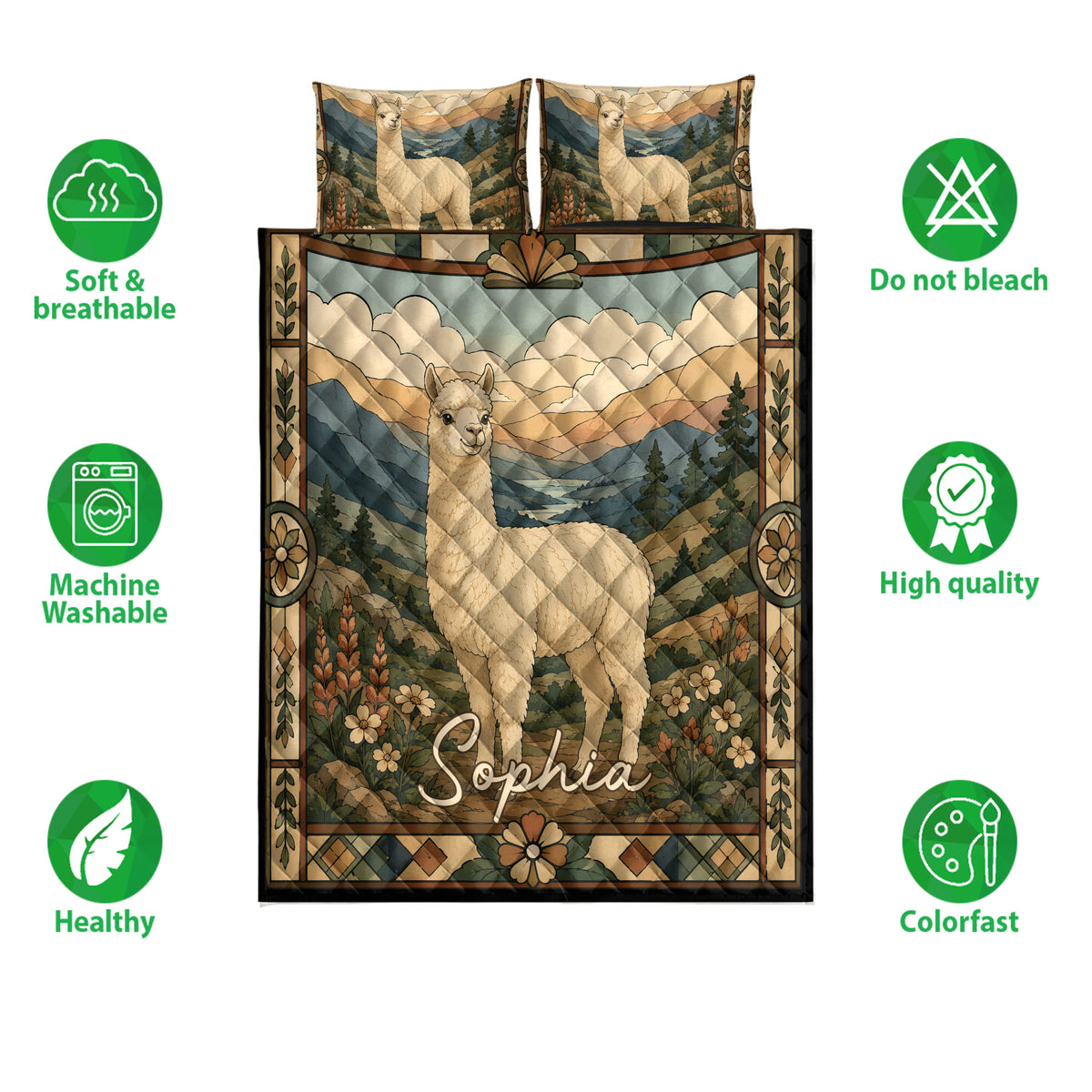 Alpaca quilt bedding set shown front-facing with mountain artwork, floral borders, and soft breathable design icons