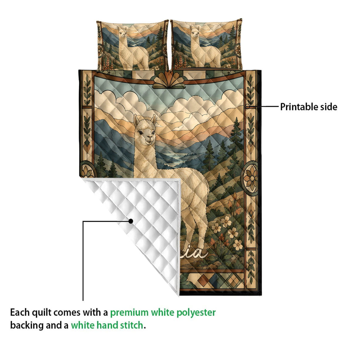 Alpaca quilt blanket detail showing a printed mountain scene, white quilted backing, and decorative floral border