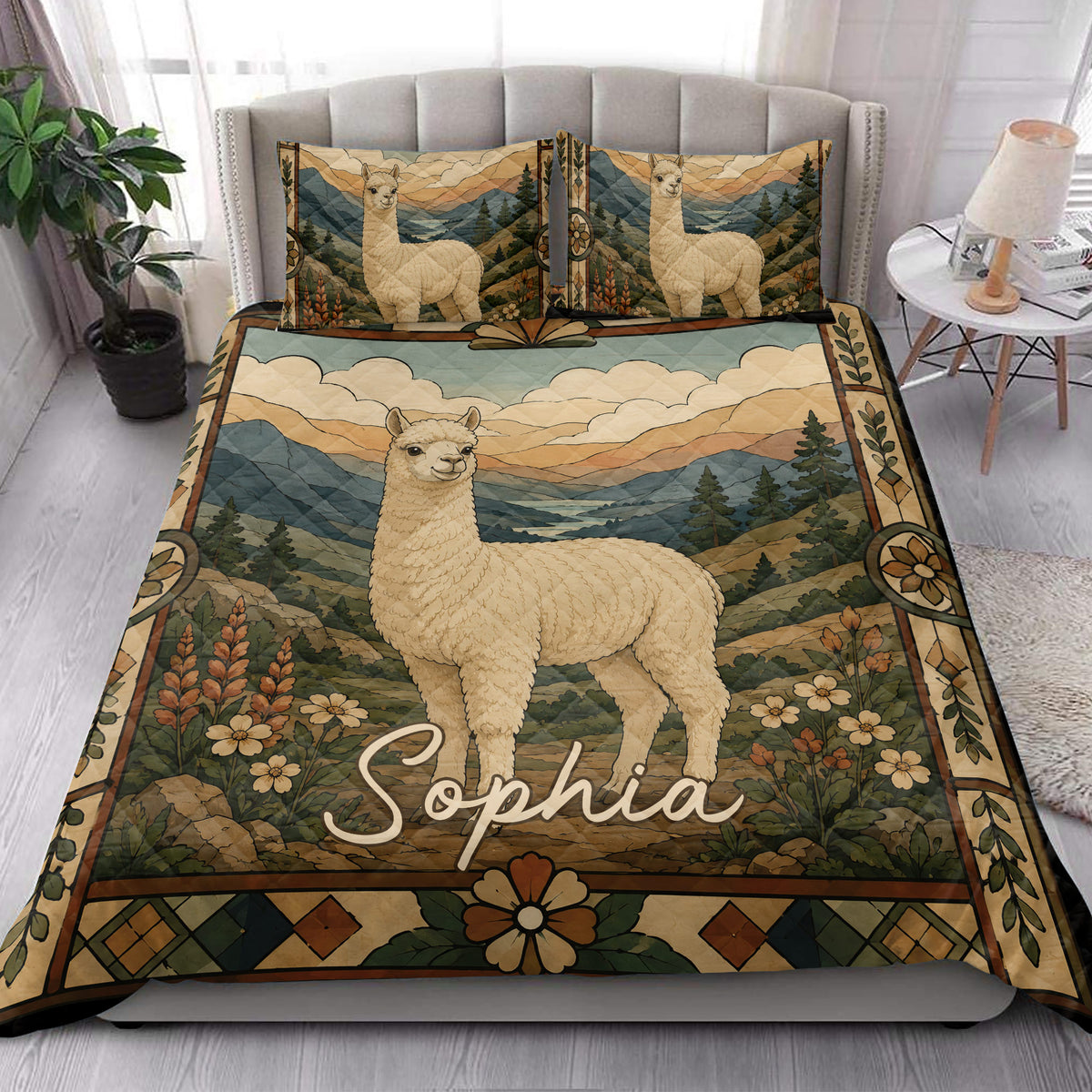 Alpaca quilt bedding styled in a bright bedroom with mountain scenery, wildflowers, and alpaca pillow artwork