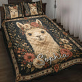 Alpaca quilt blanket displayed on a bed with floral artwork, dark botanical background, and matching pillow designs