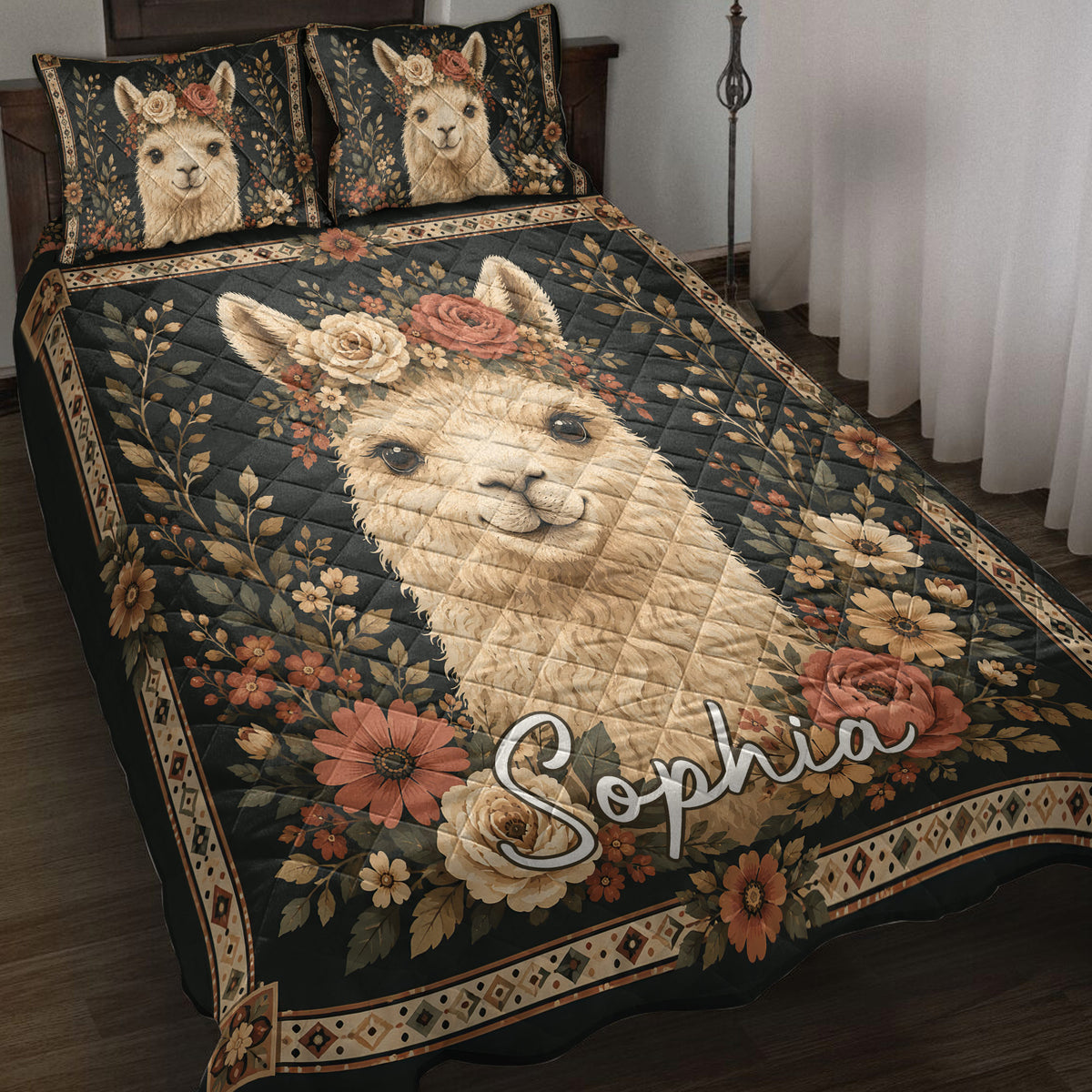 Alpaca quilt blanket displayed on a bed with floral artwork, dark botanical background, and matching pillow designs