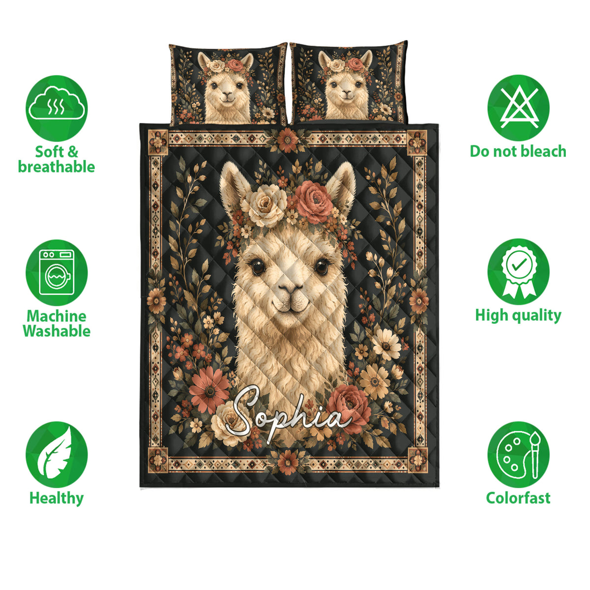 Floral alpaca quilt bedding set shown frontally with matching pillow designs and product feature icons