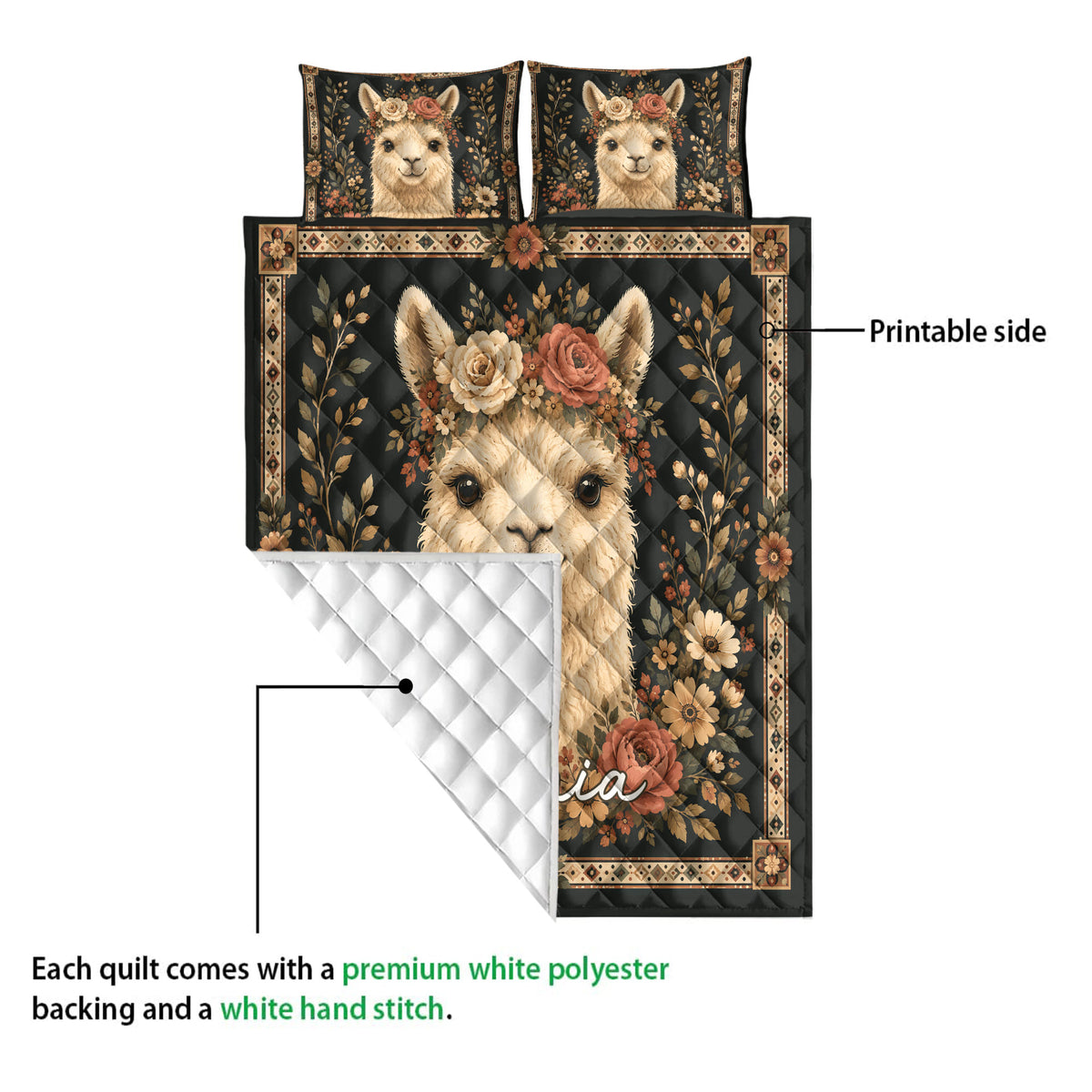 Alpaca quilt showing the printed floral front and white diamond-stitched backing
