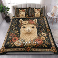 Alpaca quilt bedding styled in a bright bedroom with floral alpaca artwork and coordinated pillow designs