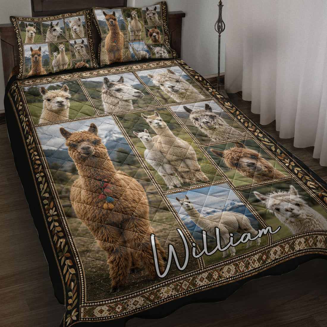 Alpaca quilt blanket displayed on a bed with a rustic framed collage of alpaca portraits