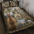 Alpaca quilt blanket displayed on a bed with a rustic framed collage of alpaca portraits