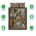 Alpaca quilt bedding set shown front-facing with illustrated care and quality feature icons