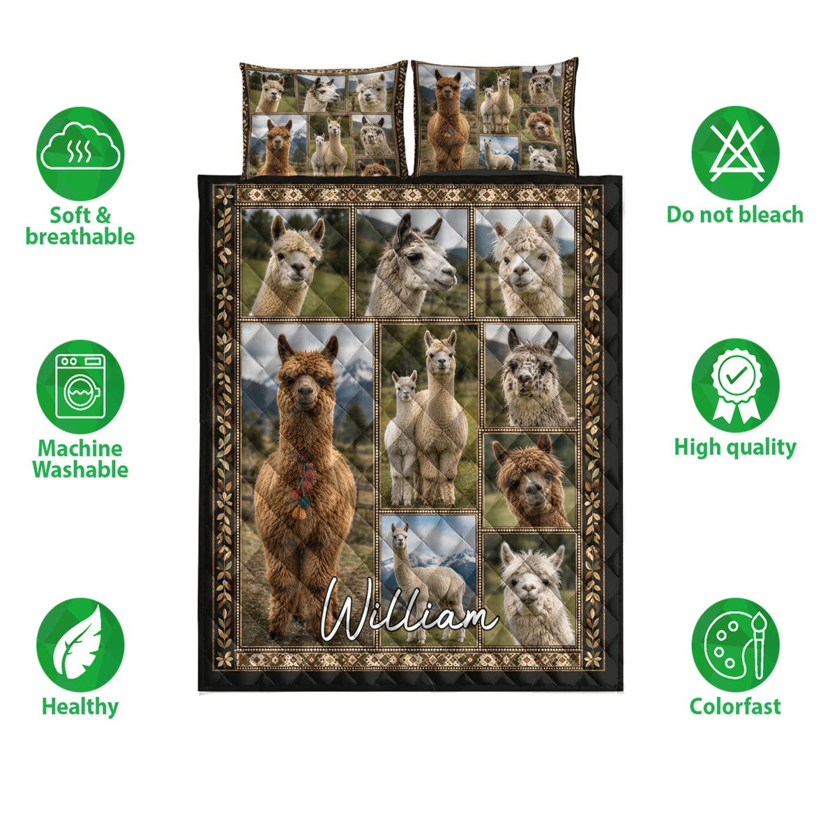 Alpaca quilt bedding set shown front-facing with illustrated care and quality feature icons