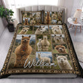 Alpaca quilt bedding styled in a bright bedroom with multiple alpaca portrait panels