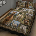 Close bedroom view of an alpaca quilt blanket with brown, cream, and green portrait artwork