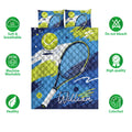 Tennis quilt bedding set shown against a white background with vivid blue and lime sports artwork