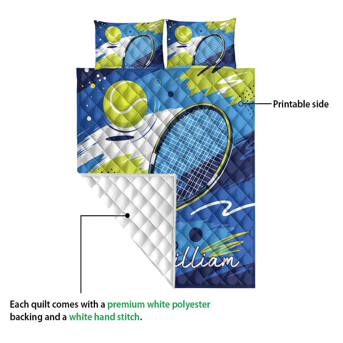Tennis quilt blanket detail showing the printed front, quilted backing, racket, and tennis ball design