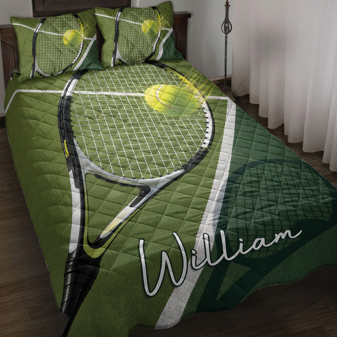 Tennis quilt blanket with green court artwork, rackets, tennis balls, and coordinating pillowcase options