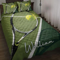 Tennis quilt blanket with green court artwork, rackets, tennis balls, and coordinating pillowcase options