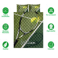 Green tennis quilt bedding set with racket and ball artwork shown in a bedroom layout