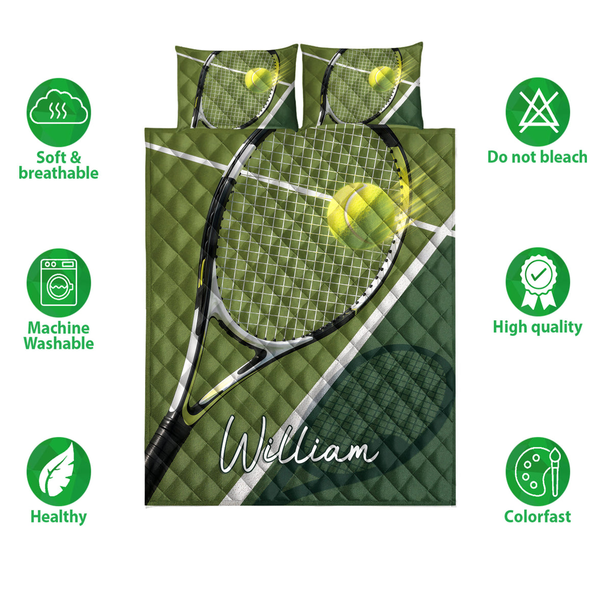 Green tennis quilt bedding set with racket and ball artwork shown in a bedroom layout