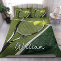 Tennis quilt bedding styled on a bedroom bed with green court and racket artwork