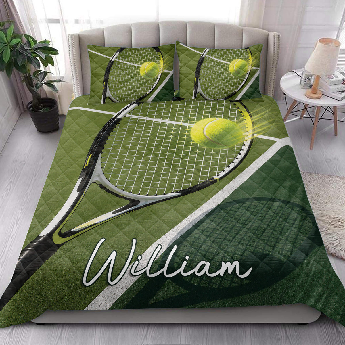 Tennis quilt bedding styled on a bedroom bed with green court and racket artwork