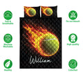Tennis quilt bedding set displayed with fiery tennis ball artwork and soft breathable feature icons