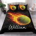 Tennis quilt blanket styled in a bright bedroom with oversized fiery tennis ball artwork