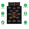 Dragonfly quilt bedding set shown with colorful artwork, matching pillows, and feature icons
