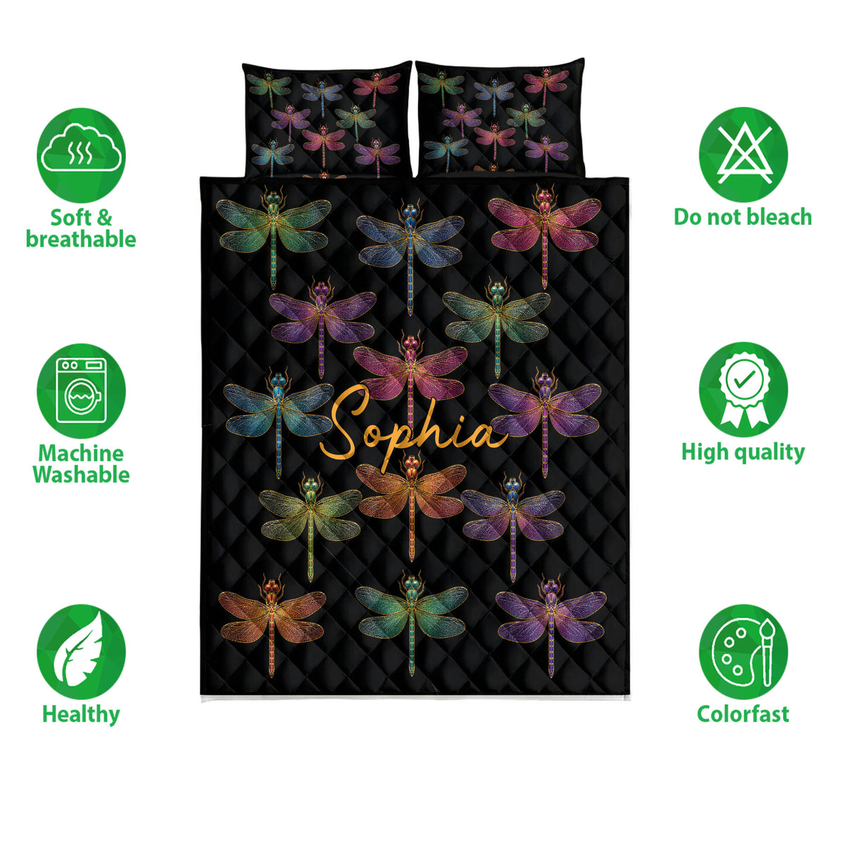 Dragonfly quilt bedding set shown with colorful artwork, matching pillows, and feature icons