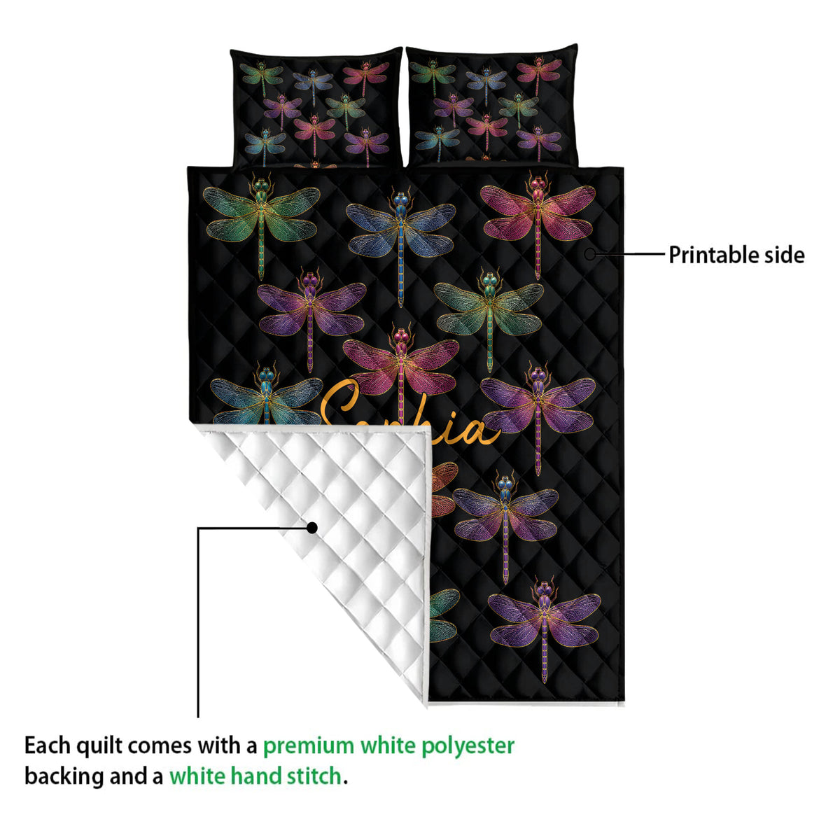 Dragonfly quilt bedding set showing the printed black front and white quilted reverse