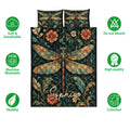 Dragonfly floral quilt bedding set shown with feature icons and a dark teal, orange, and gold color palette