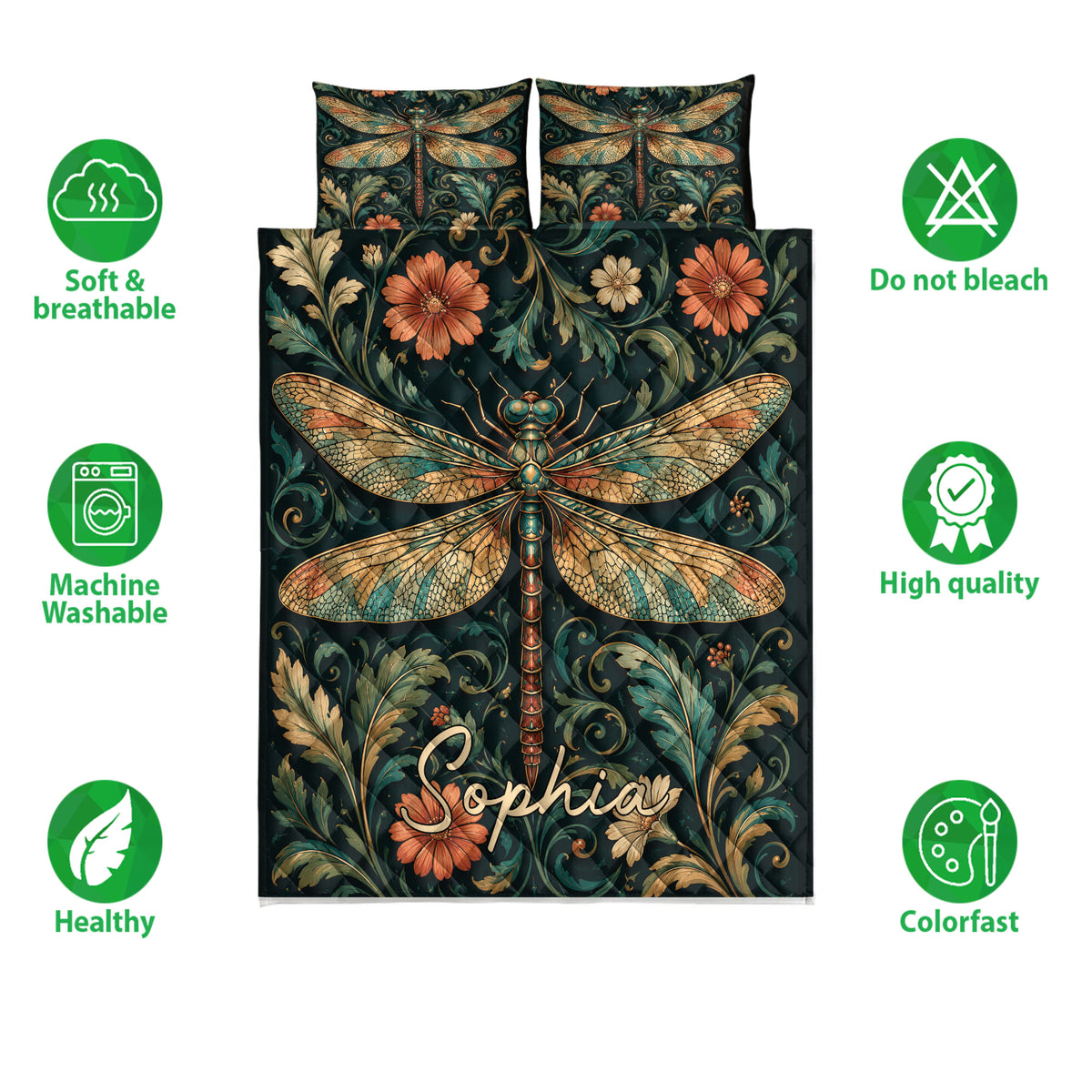 Dragonfly floral quilt bedding set shown with feature icons and a dark teal, orange, and gold color palette
