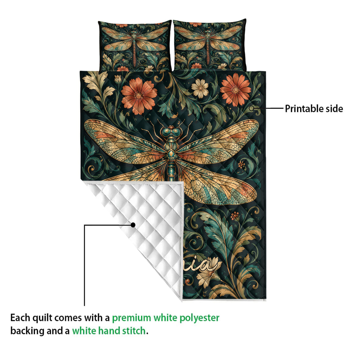 Dragonfly quilt blanket showing the printed botanical side and a white quilted reverse detail