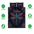 Dragonfly quilt bedding set shown with colorful floral artwork and product feature icons