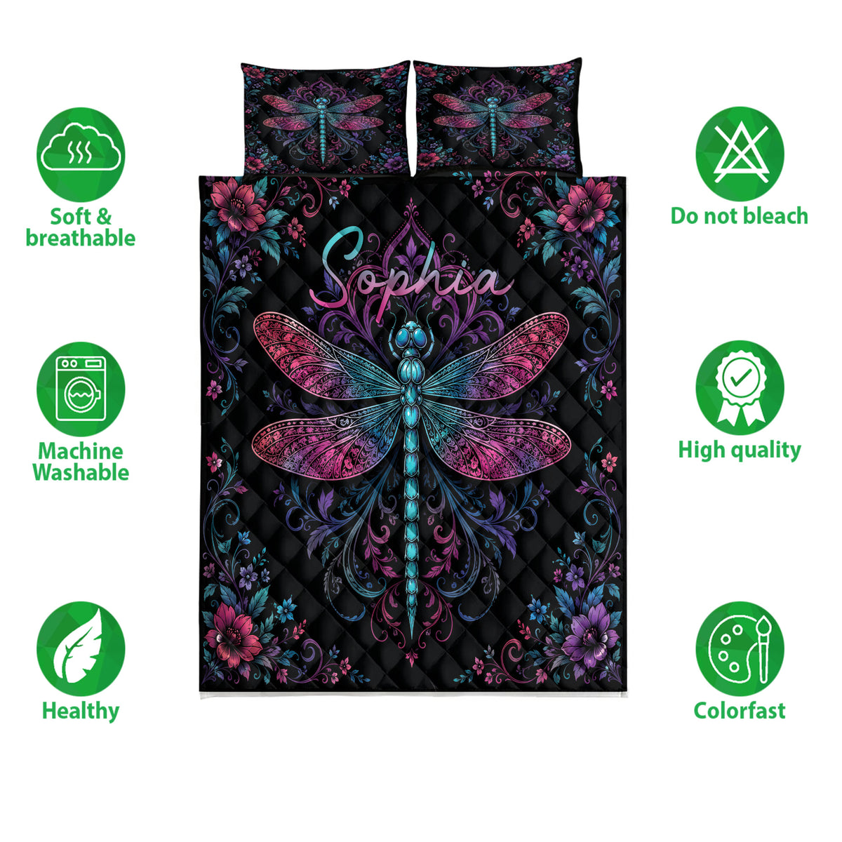 Dragonfly quilt bedding set shown with colorful floral artwork and product feature icons