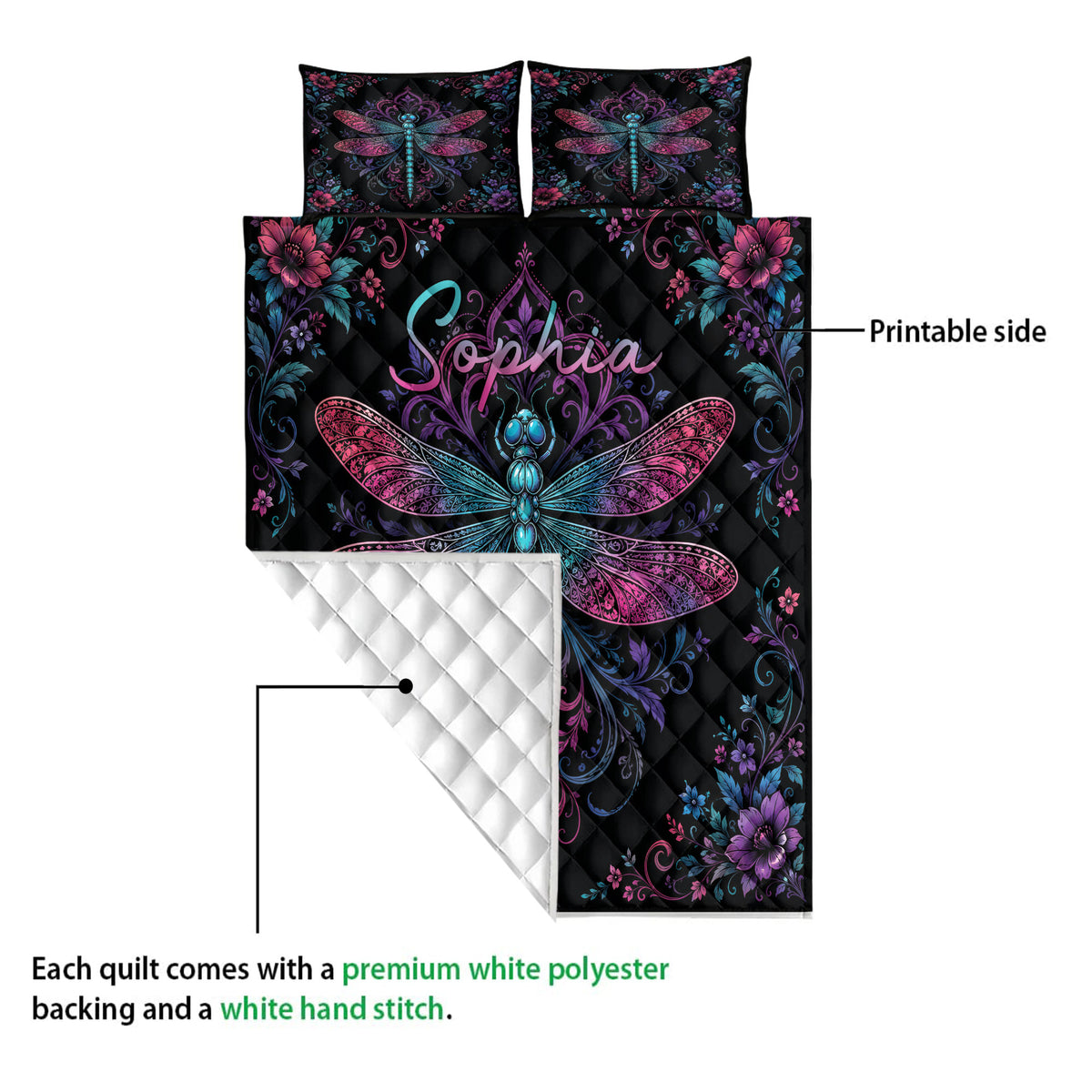 Dragonfly quilt blanket displaying a printed black floral front and white quilted backing