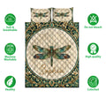 Dragonfly quilt bedding set shown with soft breathable and machine washable feature icons