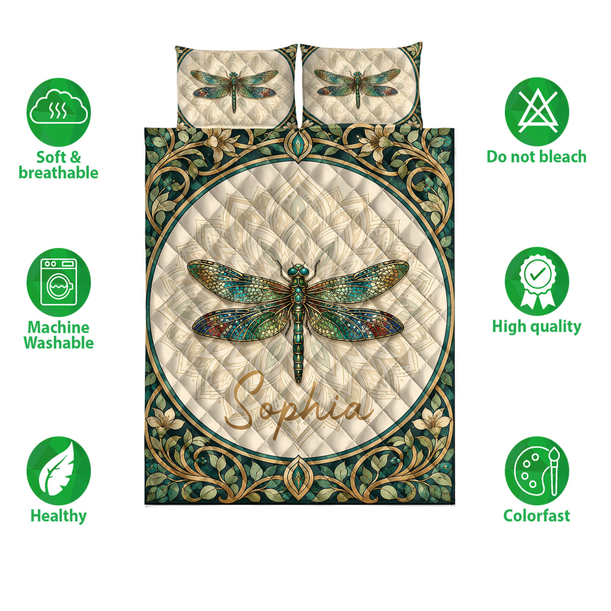 Dragonfly quilt bedding set shown with soft breathable and machine washable feature icons