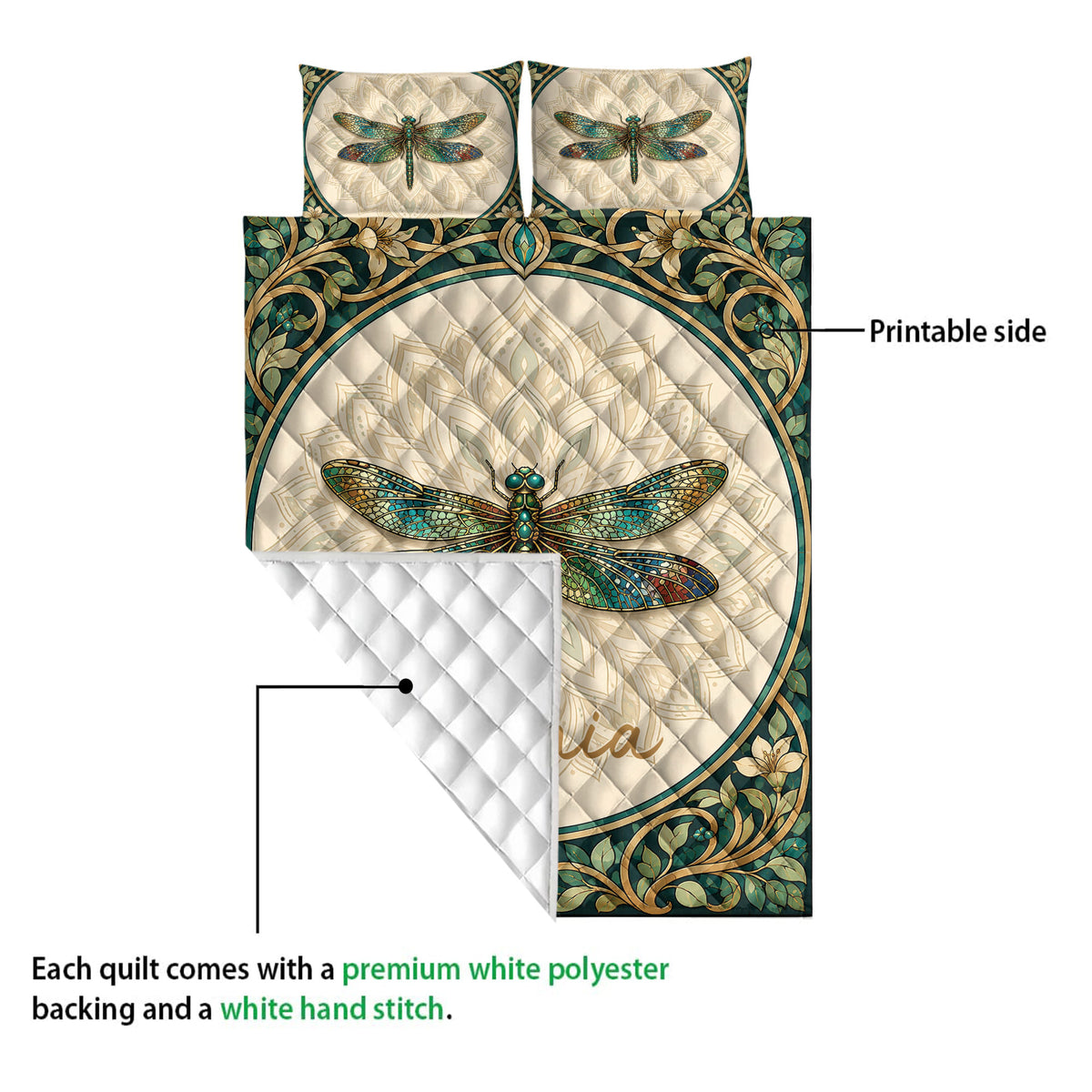 Dragonfly quilt blanket showing the printed front and white diamond-stitched backing