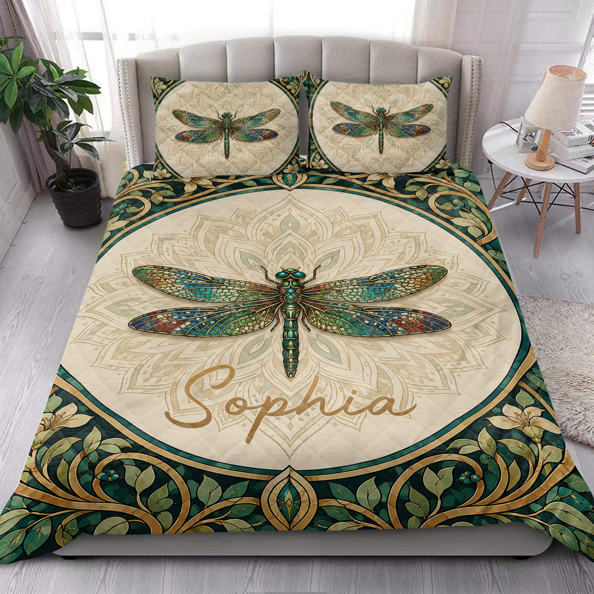 Dragonfly quilt bedding styled in a bright bedroom with matching dragonfly pillow designs