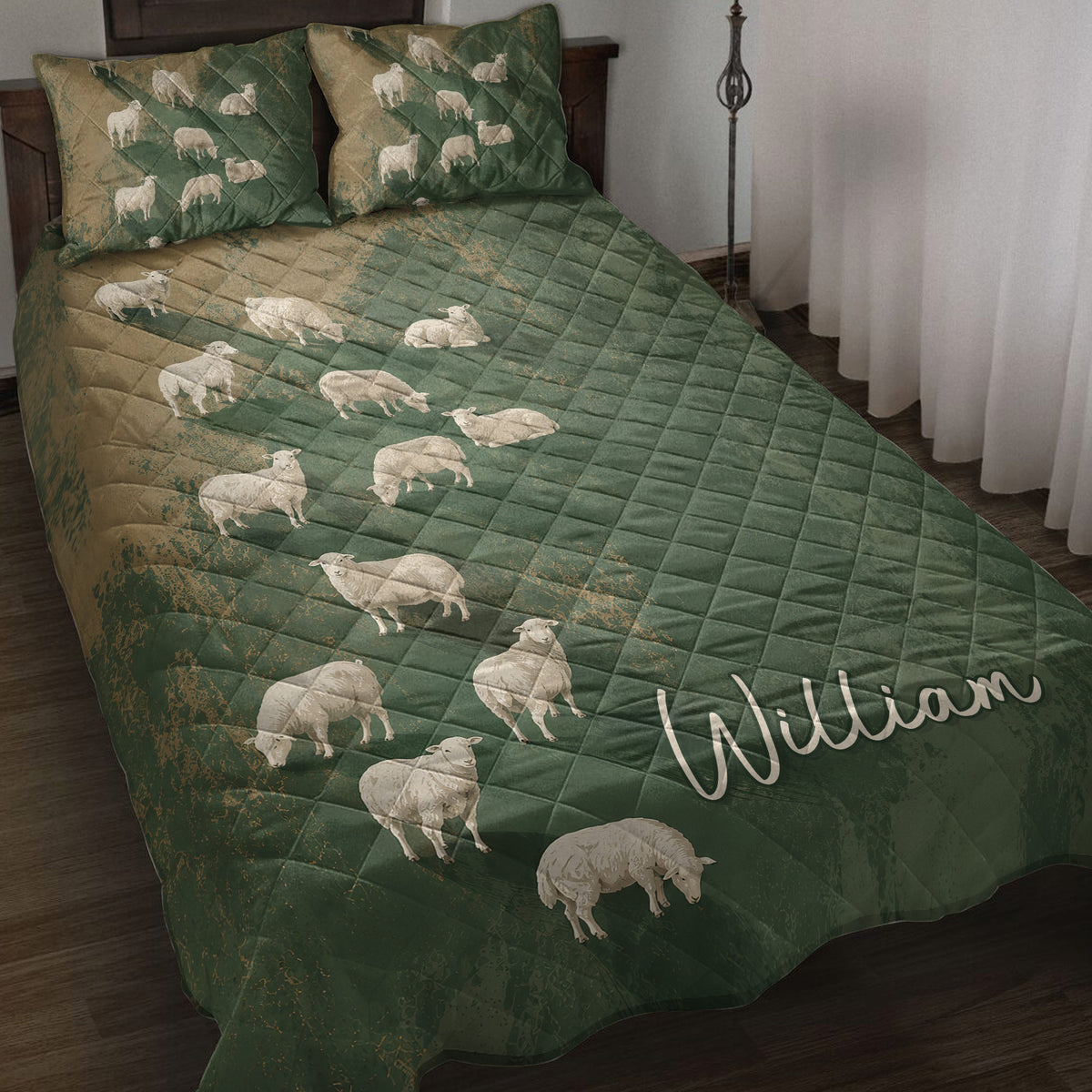 Sheep quilt blanket displayed on a bed with green and tan countryside-inspired artwork