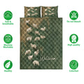 Sheep quilt bedding set shown with green quilted artwork and product feature icons
