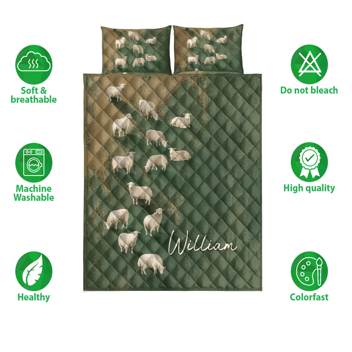 Sheep quilt bedding set shown with green quilted artwork and product feature icons