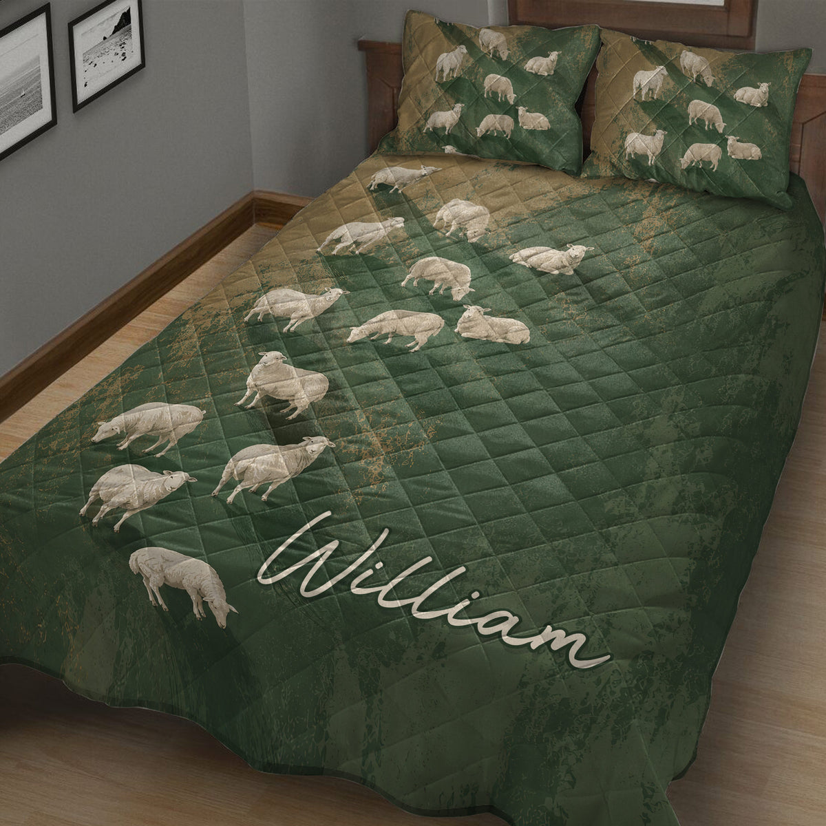 Close bedroom view of a green sheep quilt blanket with repeated pastoral animal artwork