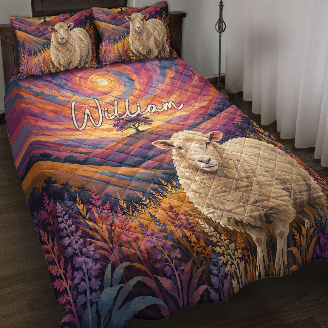 Sheep quilt blanket displayed on a bed with colorful sunset hills, wildflowers, and matching sheep pillow designs