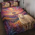 Sheep quilt blanket displayed on a bed with colorful sunset hills, wildflowers, and matching sheep pillow designs