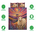 Sheep quilt bedding set shown with matching pillow designs and care and quality feature icons