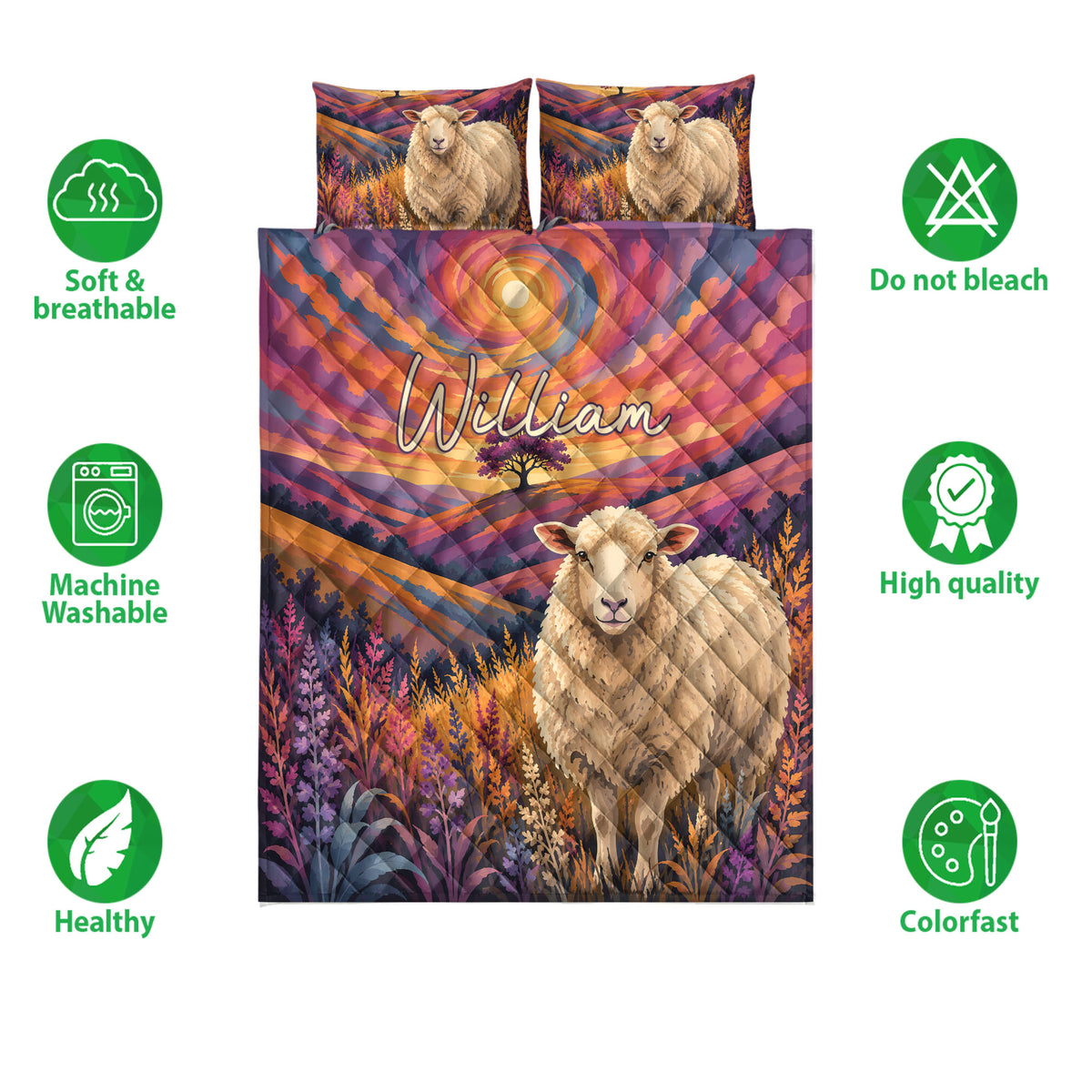 Sheep quilt bedding set shown with matching pillow designs and care and quality feature icons
