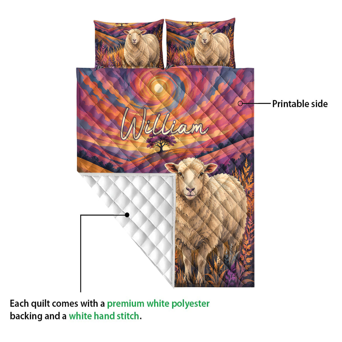 Sheep quilt blanket showing the printed artwork side and white quilted backing detail